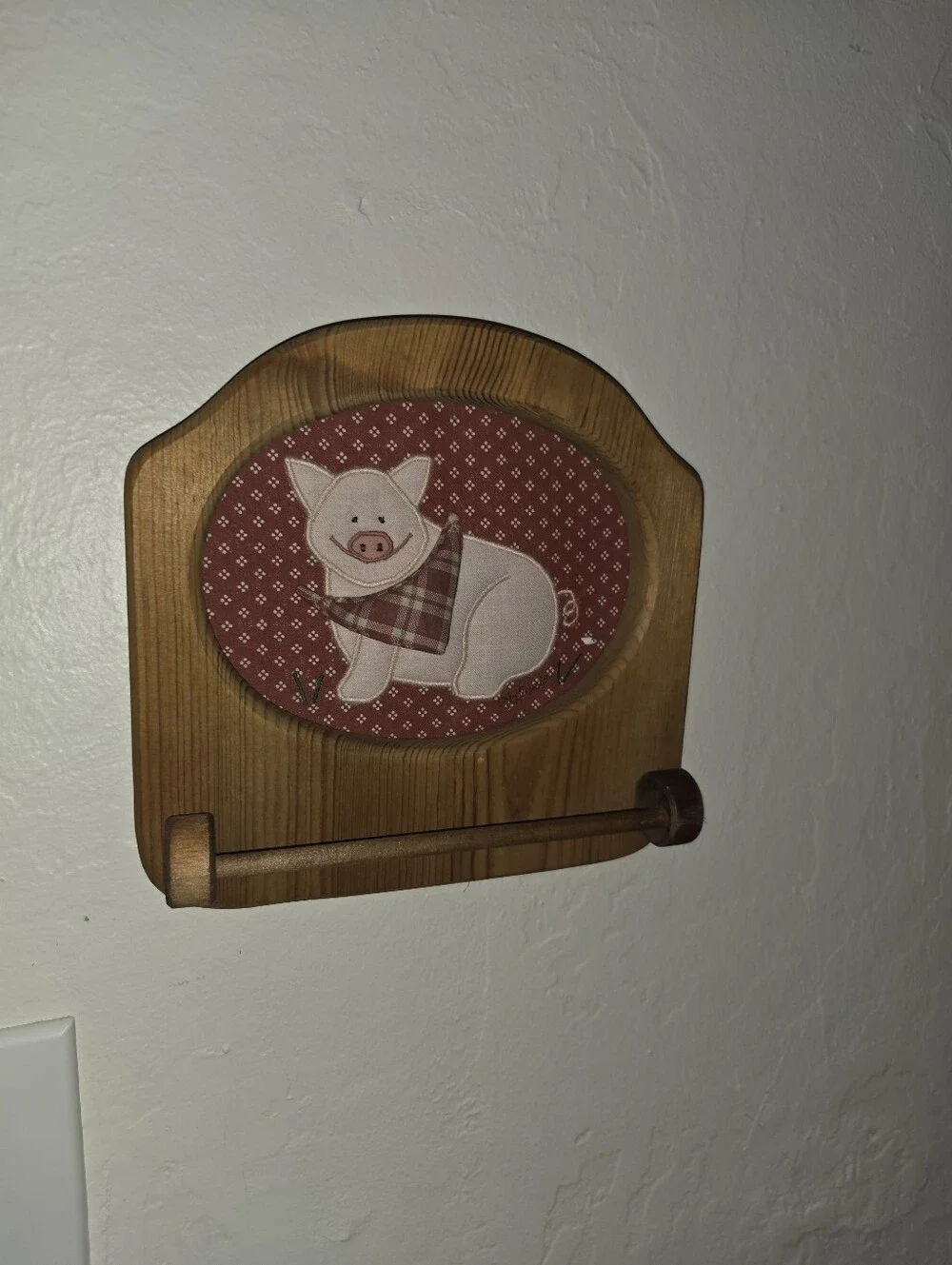 Vintage 1980s Wall Mounted Wooden Towel Holder Floral Fabric Pig Design
